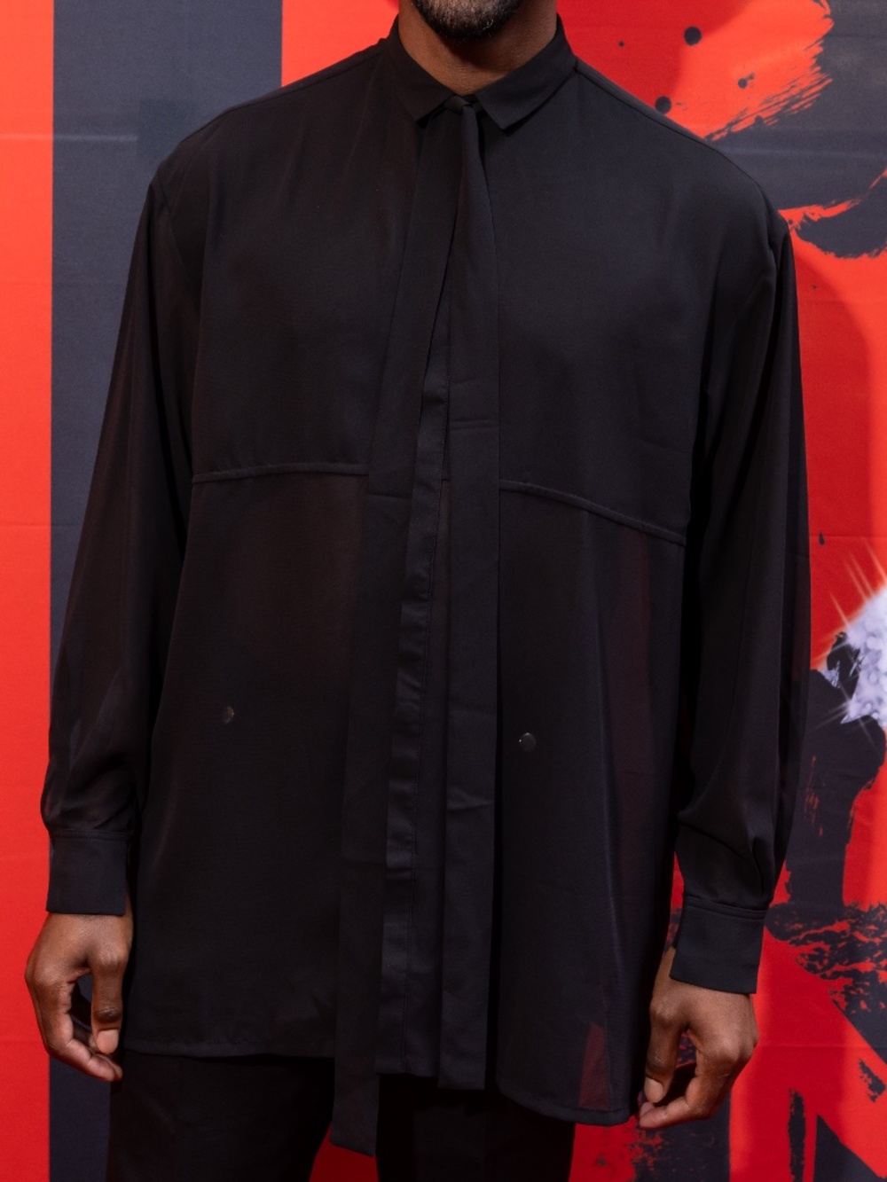 ORTTU Black Sheer Chiffon Long Sleeve Button Down Shirt Oversized Free Size
